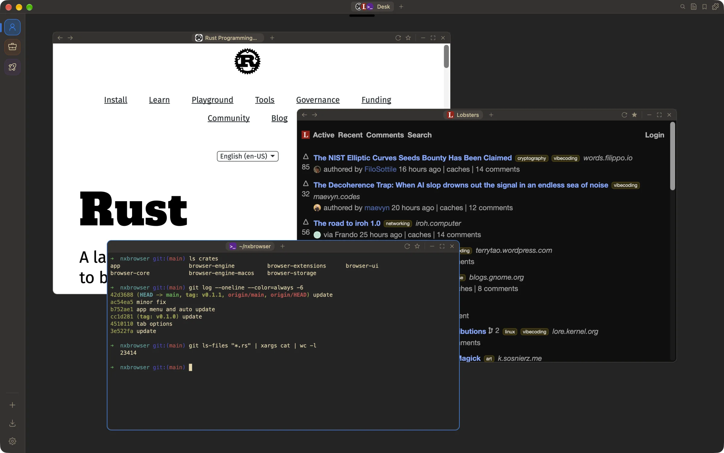 A floating space with the Rust website, Lobsters and a terminal overlapping