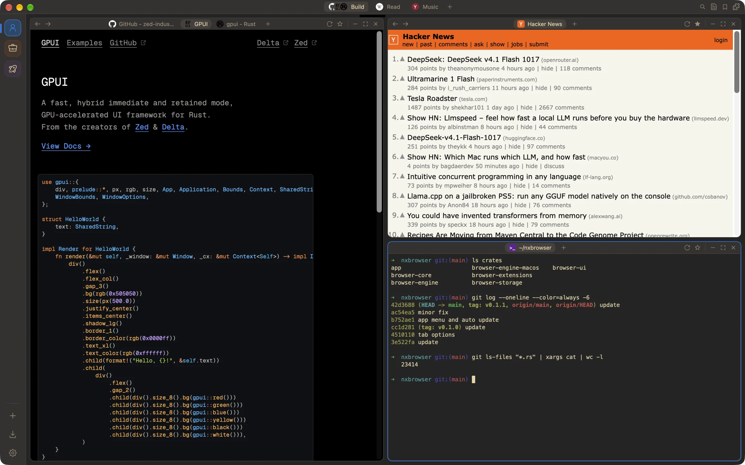 NxBrowser with three tiled windows: the GPUI website with three tabs, Hacker News, and a terminal