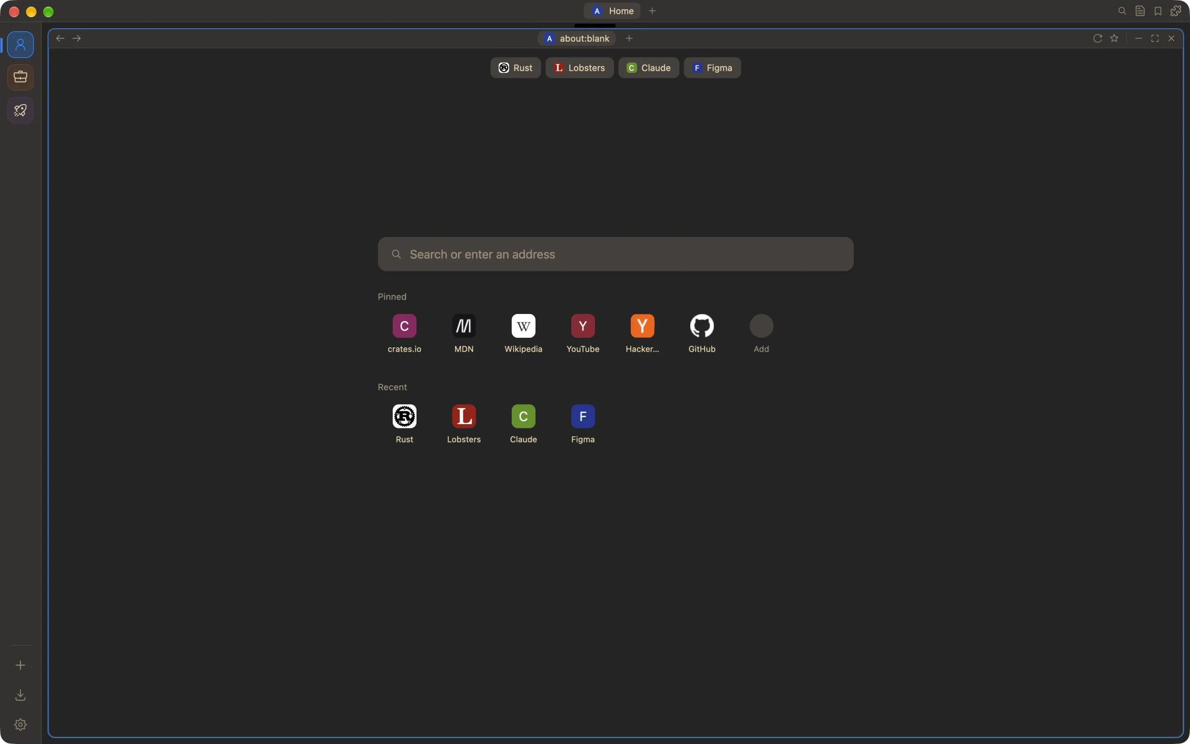 The new-tab page with pinned and recent sites