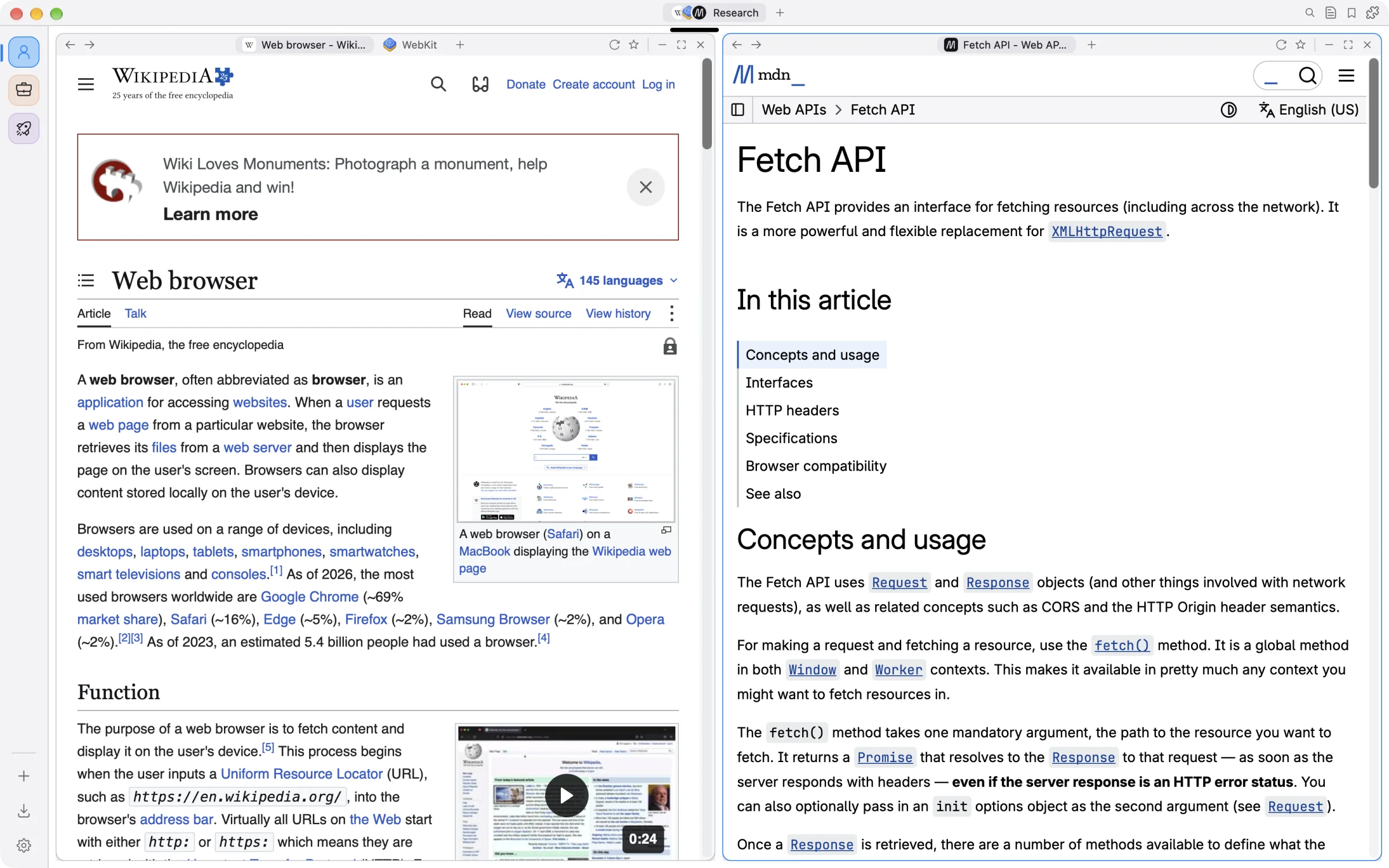 Light theme with WebKit.org and MDN tiled side by side