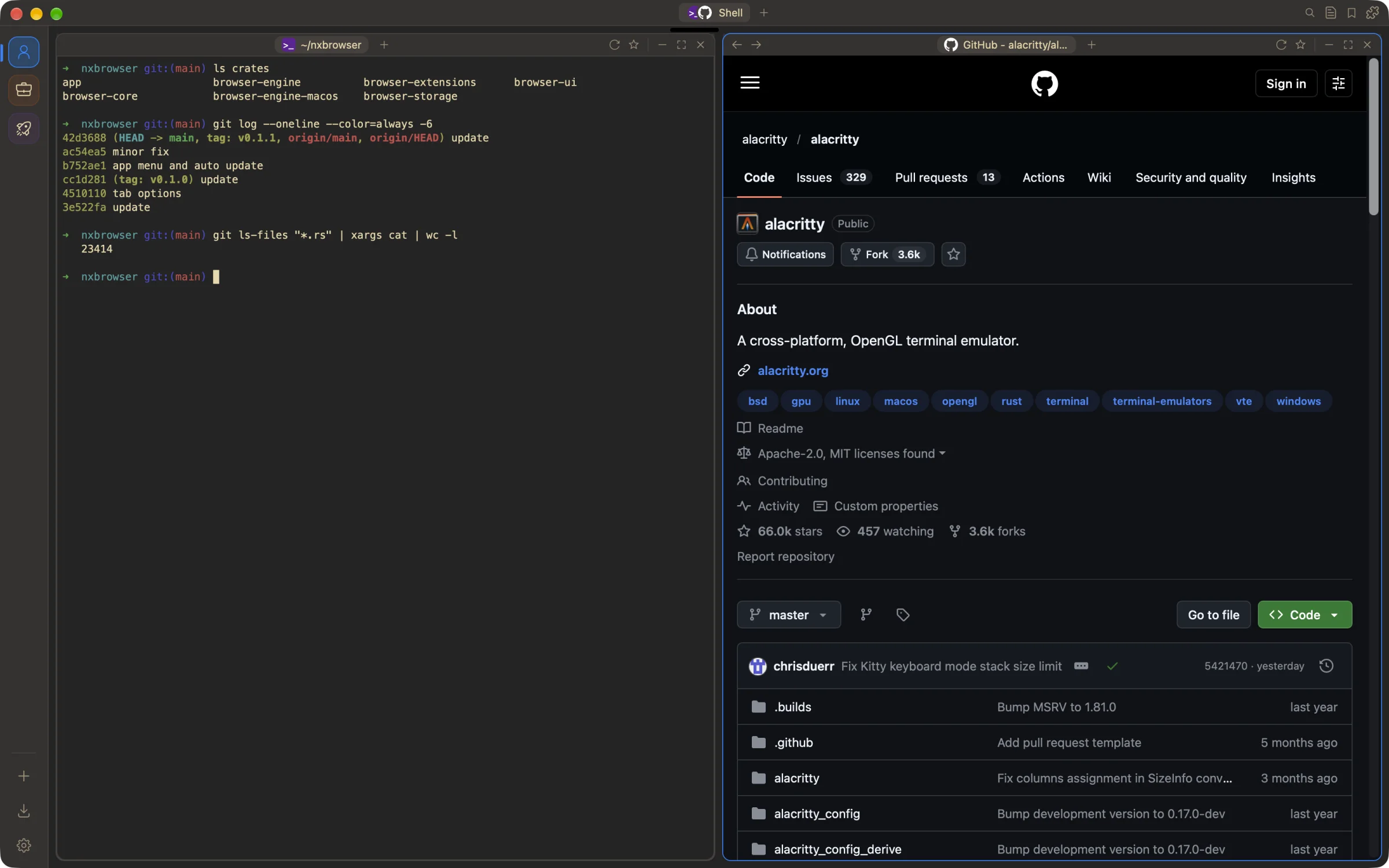 A terminal tab tiled beside the alacritty GitHub repository